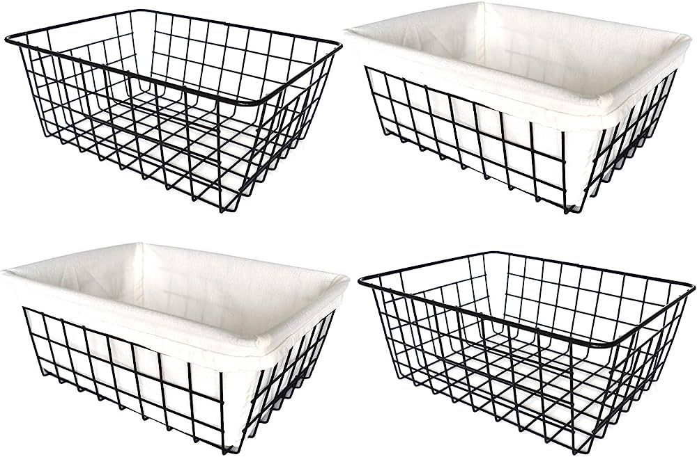 Wire Storage Baskets, 4 Pack Metal Household Organizer with 2 Pcs Fabric Liners, Refrigerator Bin... | Amazon (US)