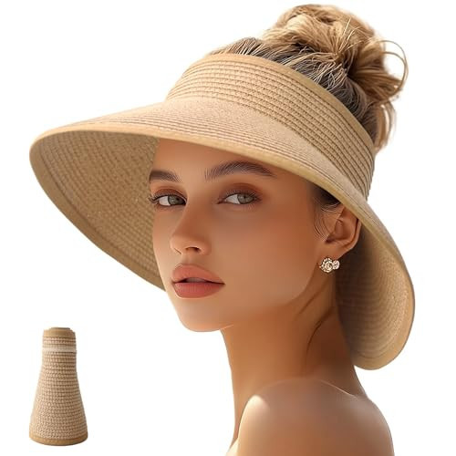 JYxingchi Sun Visor Hats for Women Straw Wide Brim Ponytail Beach Hat Packable Foldable UV Protection Travel Hats Khaki | Amazon (US)