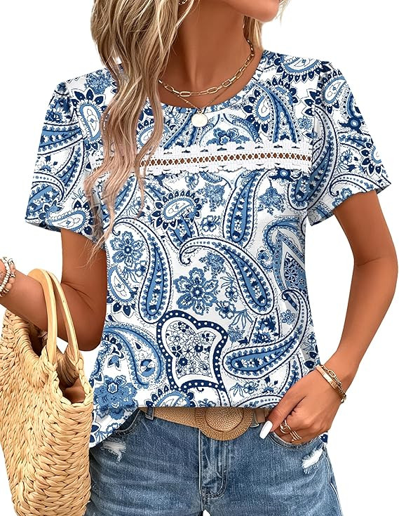 WIHOLL Womens Tops Boho Summer Outfits 2026 Short Sleeve Shirts with Lace Beach Vacation Clothes ... | Amazon (US)