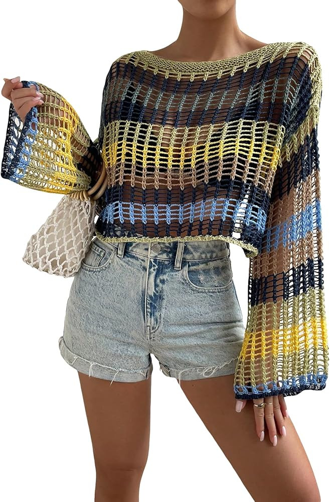 GORGLITTER Women's Crochet Top Colorblock Hollow Out Beachwear Drop Shoulder Knit Cover Up Top | Amazon (US)