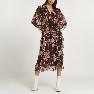 Brown floral ruffled midi dress | River Island (UK & IE)