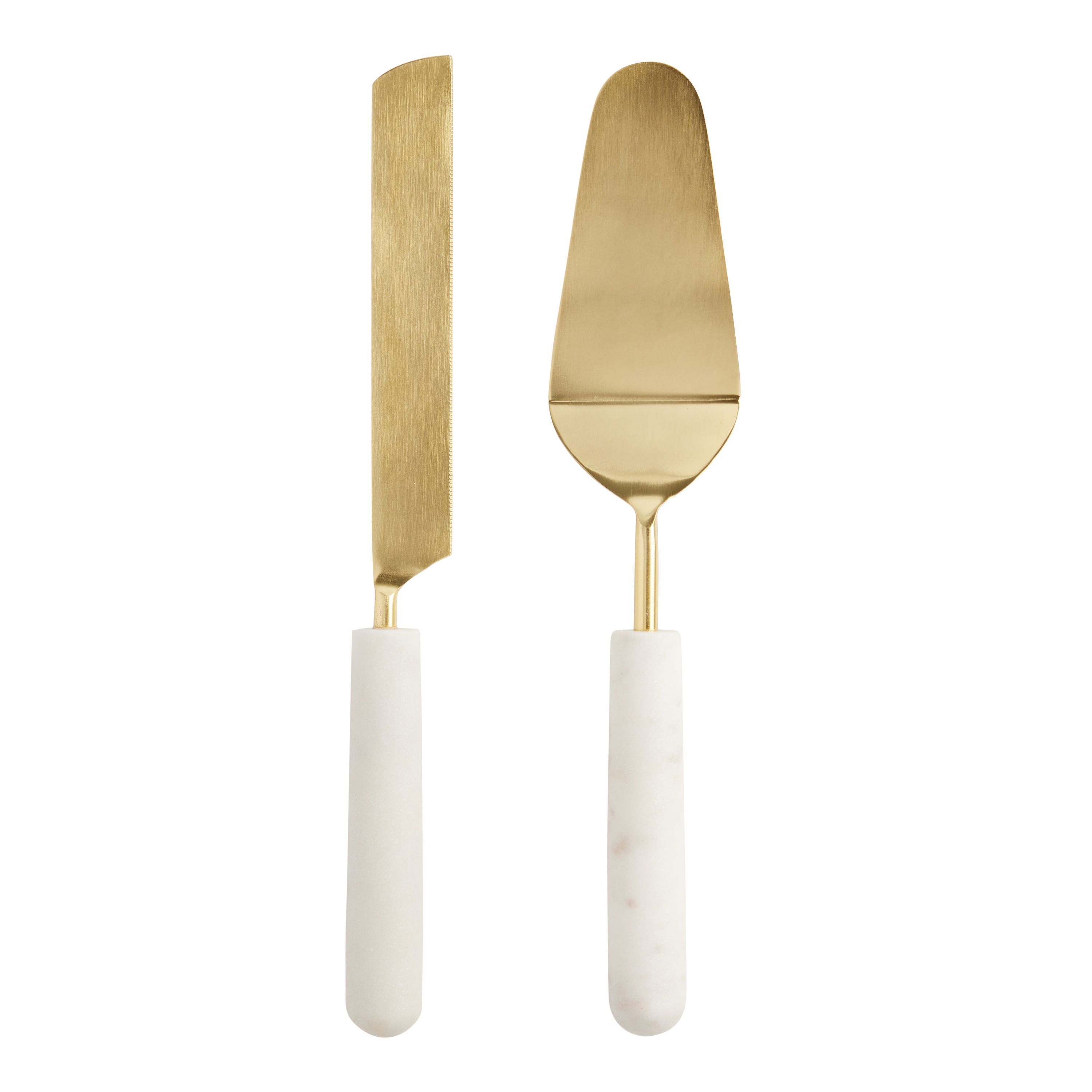 Gold Metal And White Marble Cake Servers 2 Piece Set | World Market