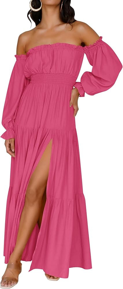ZESICA Women's 2025 Boho Sexy Off Shoulder Long Sleeve Smocked High Waist Side Split Flowy A Line... | Amazon (US)