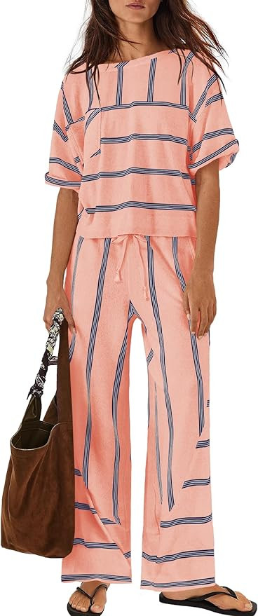 Nirovien Womens Striped Lounge Set 2 Piece Vacation Sets Short Sleeve Tops and Wide Leg Pants Tra... | Amazon (US)