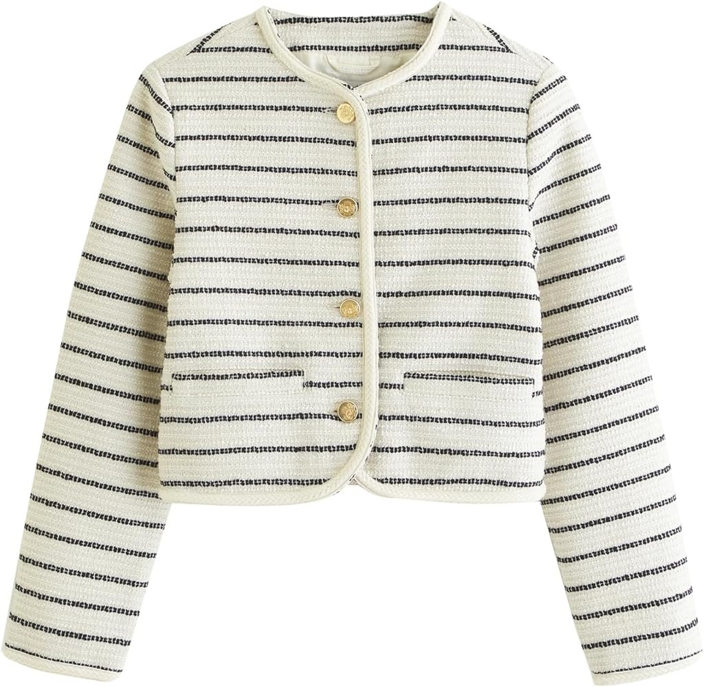 Women's Tweed Jackets 2024 Fall Long Sleeve Crew Neck Button Down Cropped Jacket Coat with Pocket... | Amazon (US)