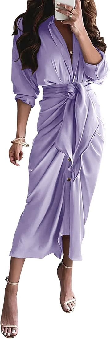 BTFBM Women's Long Sleeve Lapel V Neck Button Down Satin Dresses Elegant Ruched Casual Fall Maxi ... | Amazon (US)