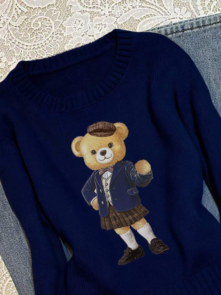 SHEIN EZwear Plus Size Women's Navy Blue Collegiate Bear Sweater, Navy Blue Is Super Flattering! Suitable For Autumn/Winter Women Sweater Cute Sweater Teddy Bear Sweater Navy Blue Sweater | SHEIN
