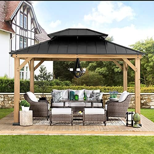 Sunjoy Bridgeport 11 x 13 ft. Outdoor Patio Cedar Framed Wood Gazebo with Black Double Steel Hardtop | Amazon (US)