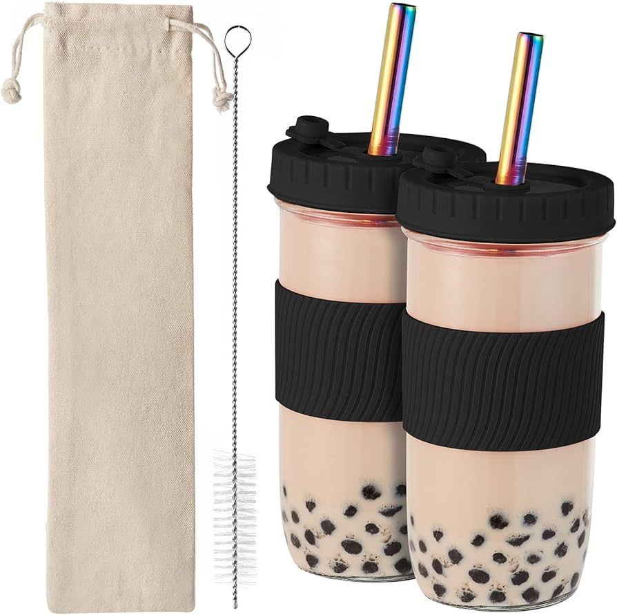 Amyoole 2 Pack Reusable Boba Cup,24Oz Wide Mouth Smoothie Cup,mason Jar Glass Cups with Lids and ... | Amazon (US)