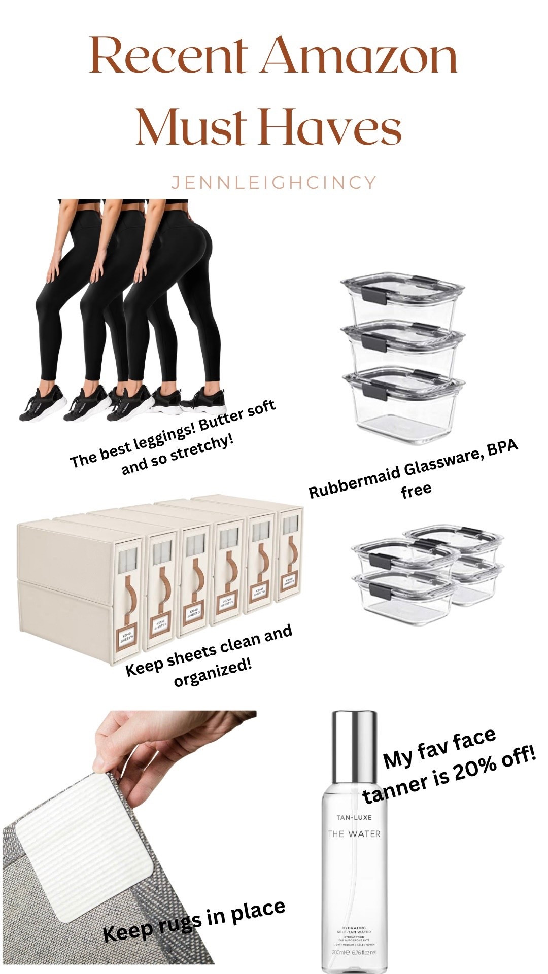 My fav recent Amazon finds! 

Favorite leggings 
Favorite glassware that’s bpa free and not too expensive.
Keep sheets clean and organized with these linen organizers.
Stop rugs from moving and peeling with these rug pads. 
My fav face tanner that last me like a year is 20% off!!! 

#amazon #amazonfinds #selftanner #organize #glassware 

