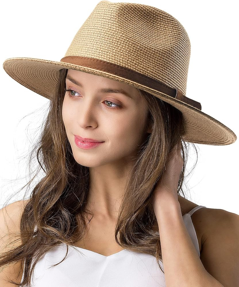Womens Mens Wide Brim Straw Panama Hat Fedora Summer Beach Sun Hat UPF Straw Hat for Women | Amazon (US)