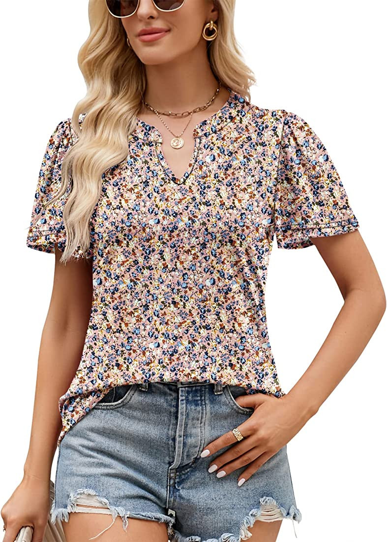 Micoson Womens Summer V Neck Ruffle Sleeve Tops Trendy Flutter Short Sleeve Shirts Loose Casual T... | Amazon (US)