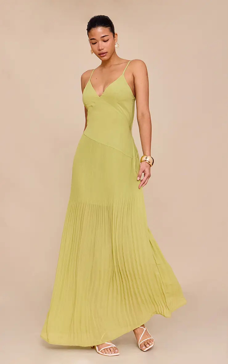 Lime Woven Pleated Hem Detail Spaghetti Maxi Dress | PrettyLittleThing US