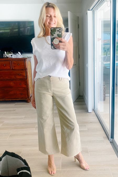Loving these wide-leg, cropped khaki jeans! I paired them with this pretty white muscle T. The raw hem on the jeans clinched it for me! Workwear, spring outfit, neutral basics outfit. 

#LTKSeasonal #LTKworkwear #LTKover40