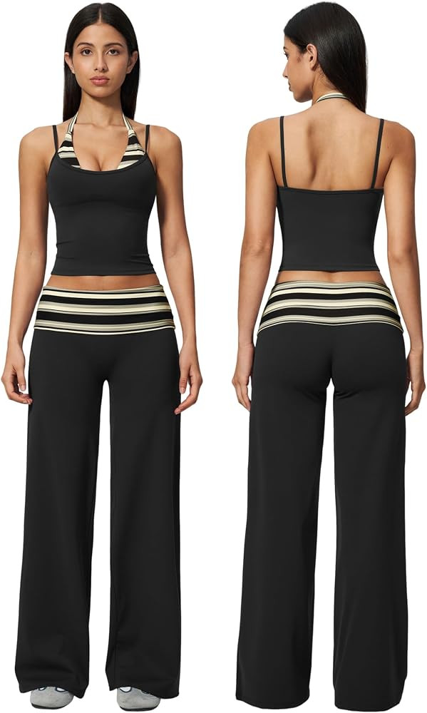 Women Two Piece Workout Set Striped Halter Tank Tops and High Waist Wide Leg Yoga Pants Pilates O... | Amazon (US)