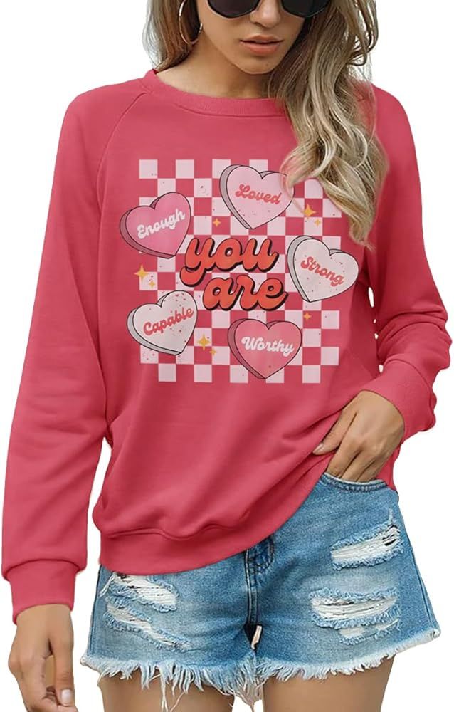 CM C&M WODRO Women Valentine’s Day Sweatshirt Love Heart Checkered Graphic Pullover Crewneck Lo... | Amazon (US)