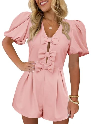 Cicy Bell Womens Cute Rompers Bow Front Puff Sleeve V Neck Short Jumpsuits Sexy Summer Outfits with Pockets | Amazon (US)