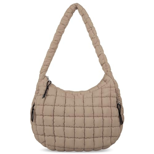 izuzta Quilted Puffer Tote Bag Large Puffy Crossbody Shoulder Bag, Lightweight Soft Nylon Quilted Oversized Padding Hobo Tote Bag Handbags Puff Purse Carryall Gym Bag Trendy Tote for Women(Khaki) | Amazon (US)