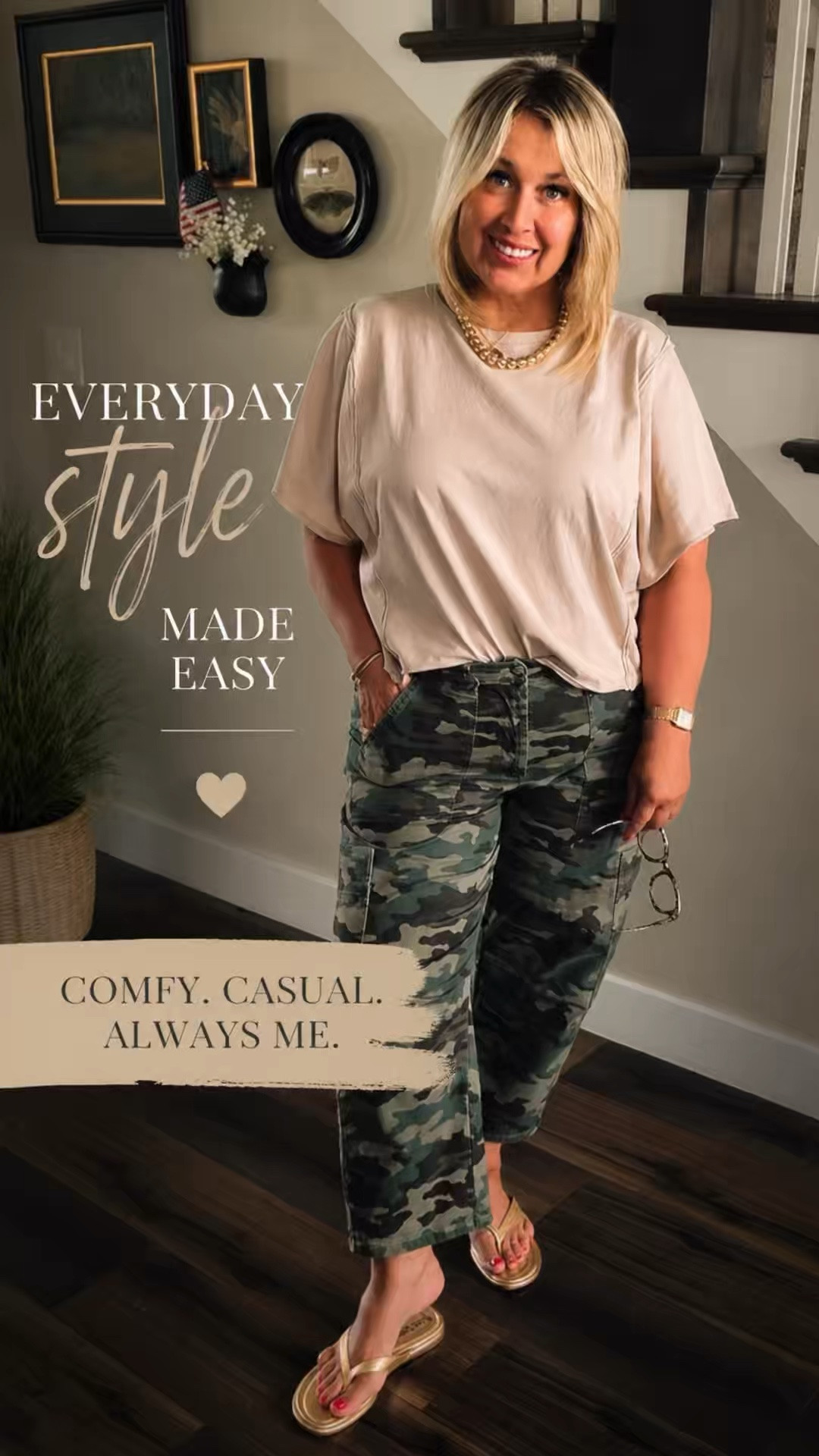 These are the kind of outfits I reach for again and again—comfortable, effortless, and easy to style. 🤍

This neutral tee paired with camo pants is one of those combinations that works for errands, lunch with friends, or everyday life. Add a few gold accessories and cute sandals, and you’re ready to go!

If you love affordable fashion that feels stylish without sacrificing comfort, you’re in the right place. Follow @anyaslooks for daily midsize outfit inspiration, look-for-less finds, and the best sales!
-

midsize fashion, women over 50 style, casual summer outfit, camouflage pants outfit, neutral outfit ideas, affordable fashion finds, everyday style, comfortable outfits, casual chic, flattering midsize clothing, over 50 fashion, effortless style, Amazon fashion, Walmart fashion, look for less, outfit inspiration, summer wardrobe essentials, easy everyday outfits