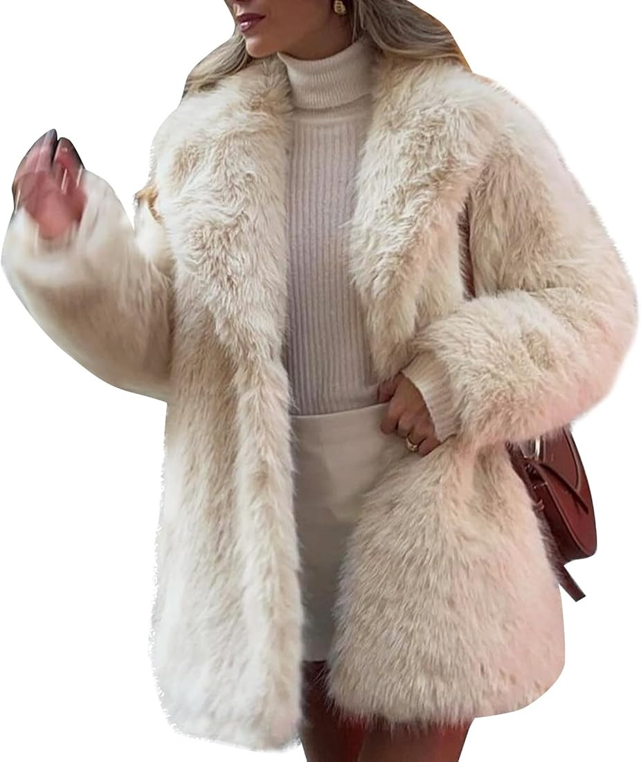 Flygo Womens Long Faux Fur Coats Fluffy Faux Fur Jacket Long Sleeve Lapel Furry Coats Fuzzy Winte... | Amazon (US)