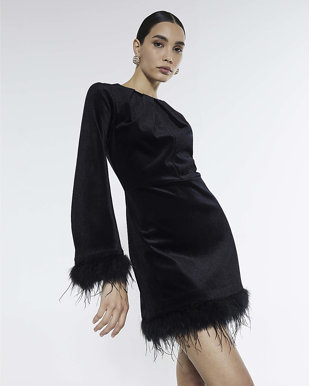 Black Velvet Long Sleeve Feather Trim Dress | River Island UK & IE