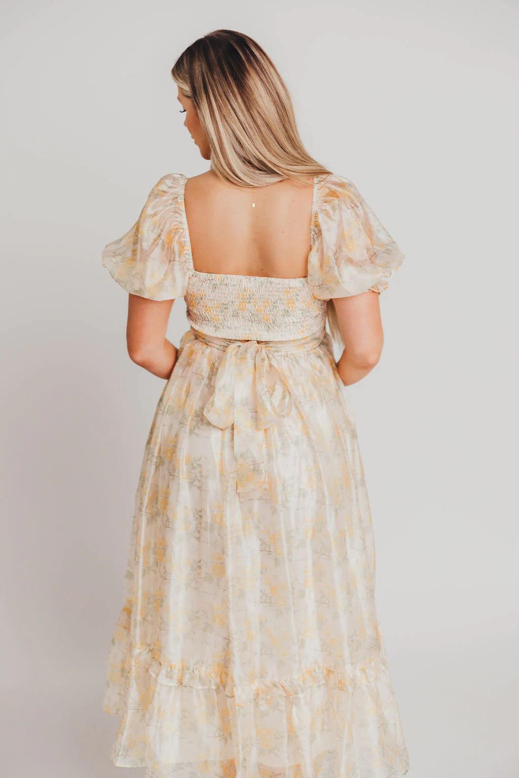 Maria Sweetheart Neckline Midi Dress in Yellow Floral | Worth Collective