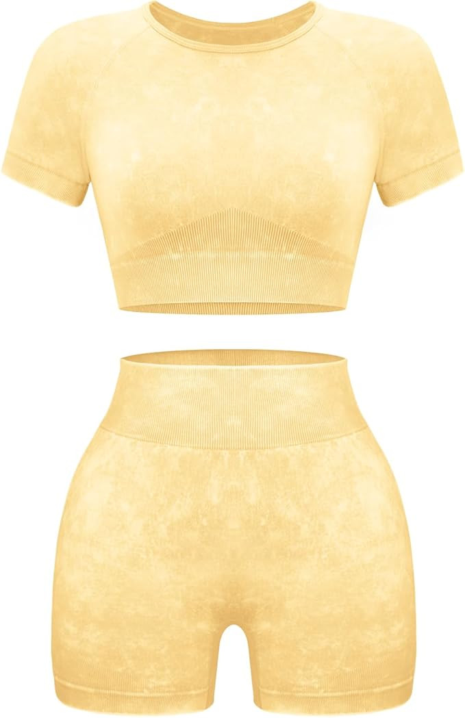 OLCHEE Womens Workout Sets 2 Piece - Seamless Acid Wash Yoga Outfits Shorts and Crop Top Matching... | Amazon (US)