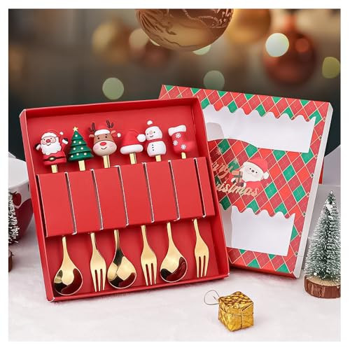 6Pcs Christmas Spoons Forks Set, Christmas Style Stainless Steel Cutlery Set, Christmas Spoons and Christmas Forks with Gift Box for Festive, Christmas Dessert Spoon Ideal Gift for Kid Friend (Golden) | Amazon (US)