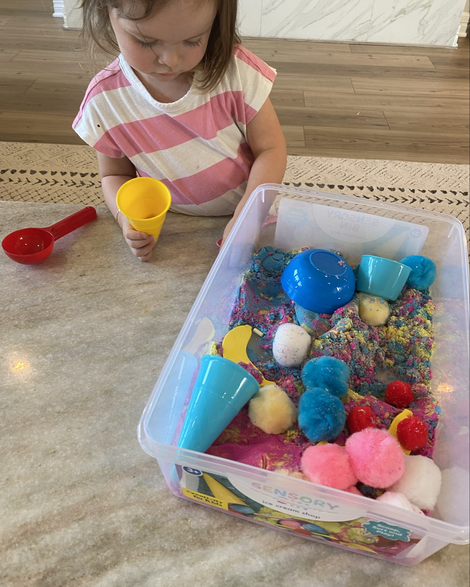 Best $20 ever spent. Sensory box that comes with all things included for a play ice cream experience. It has 25% off at the moment !  