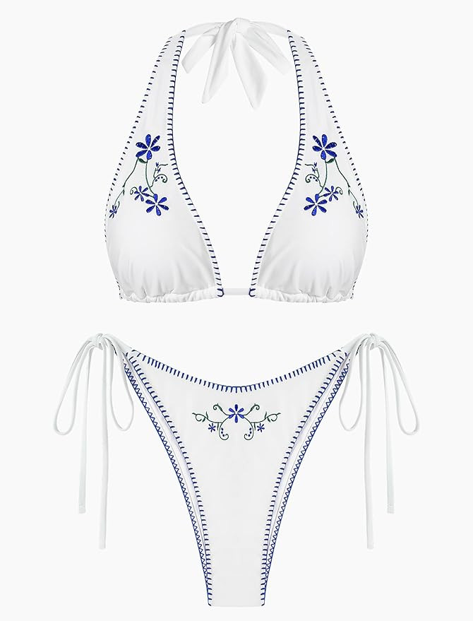 ZAFUL Women's Triangle Bikini Multiway Fishnet Tie Side Bandeau Halter String Bikini Set Two Piec... | Amazon (US)