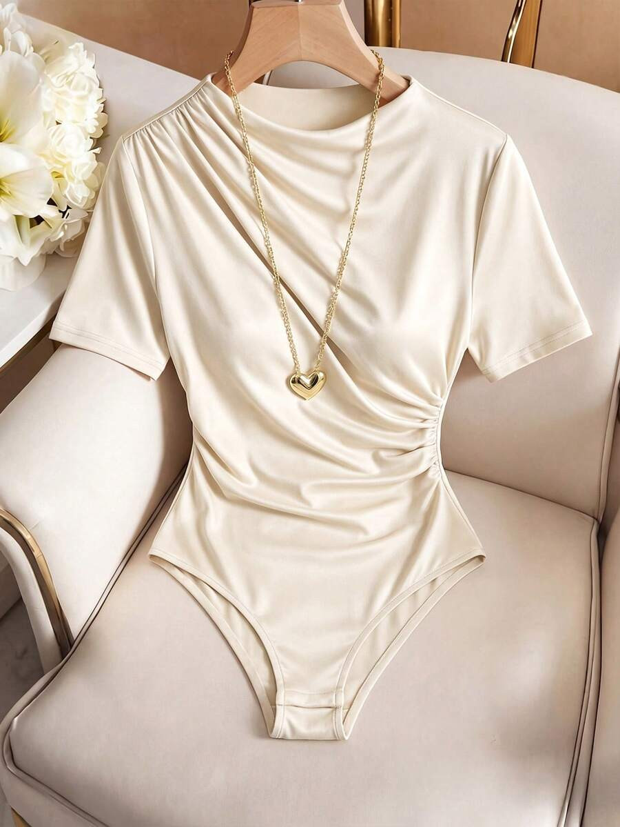 Elenzga Plus Size Women Summer White Elegant Autumn Bodysuit, Asymmetric Ruched Detail Round Neck... | SHEIN