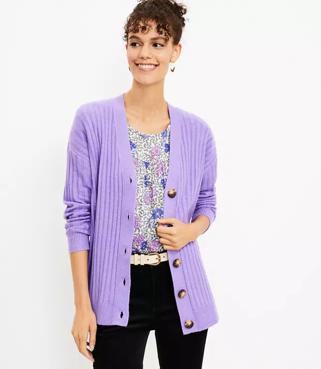 Ribbed Relaxed V-Neck Cardigan | LOFT