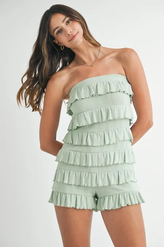 Pointelle Knit Fabric Ruffled Tube Romper | Vanity Couture