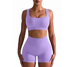 Workout Outfits for Women 2 Piece Seamless Ribbed High Waist Leggings with Sports Bra Exercise Se... | Amazon (US)