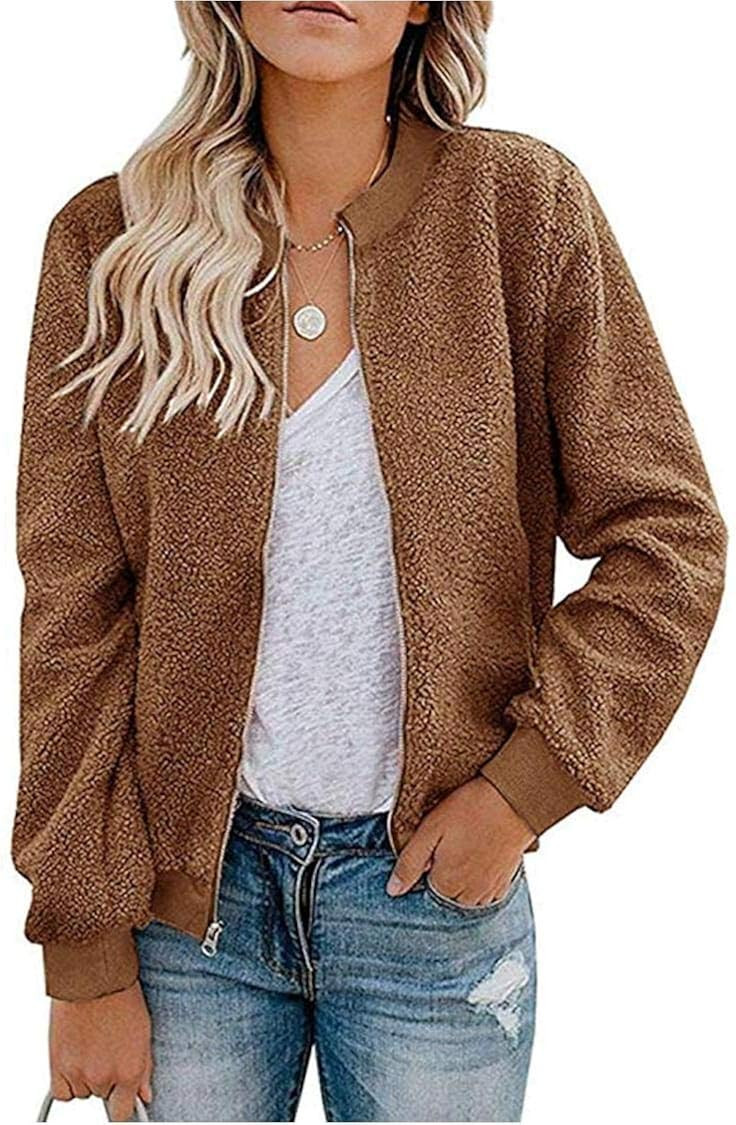 MIROL Women's Sherpa Fleece Jacket Faux Fuzzy Long Sleeve Casual Zip Up Bomber Coat | Amazon (US)