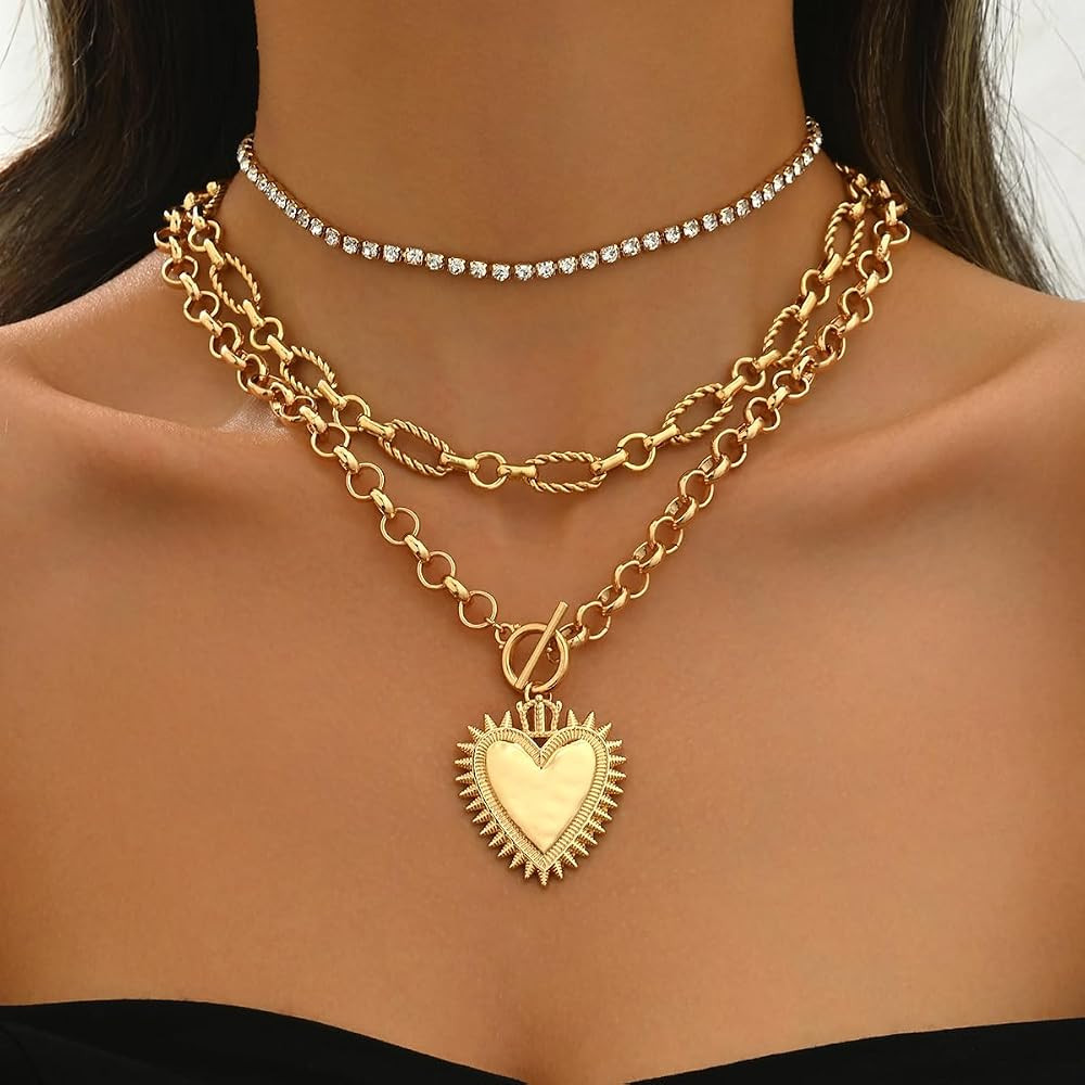 Chunky Gold Necklace Big Heart Necklace for Women Silver Large Statement Necklaces Thick Bold Cha... | Amazon (US)