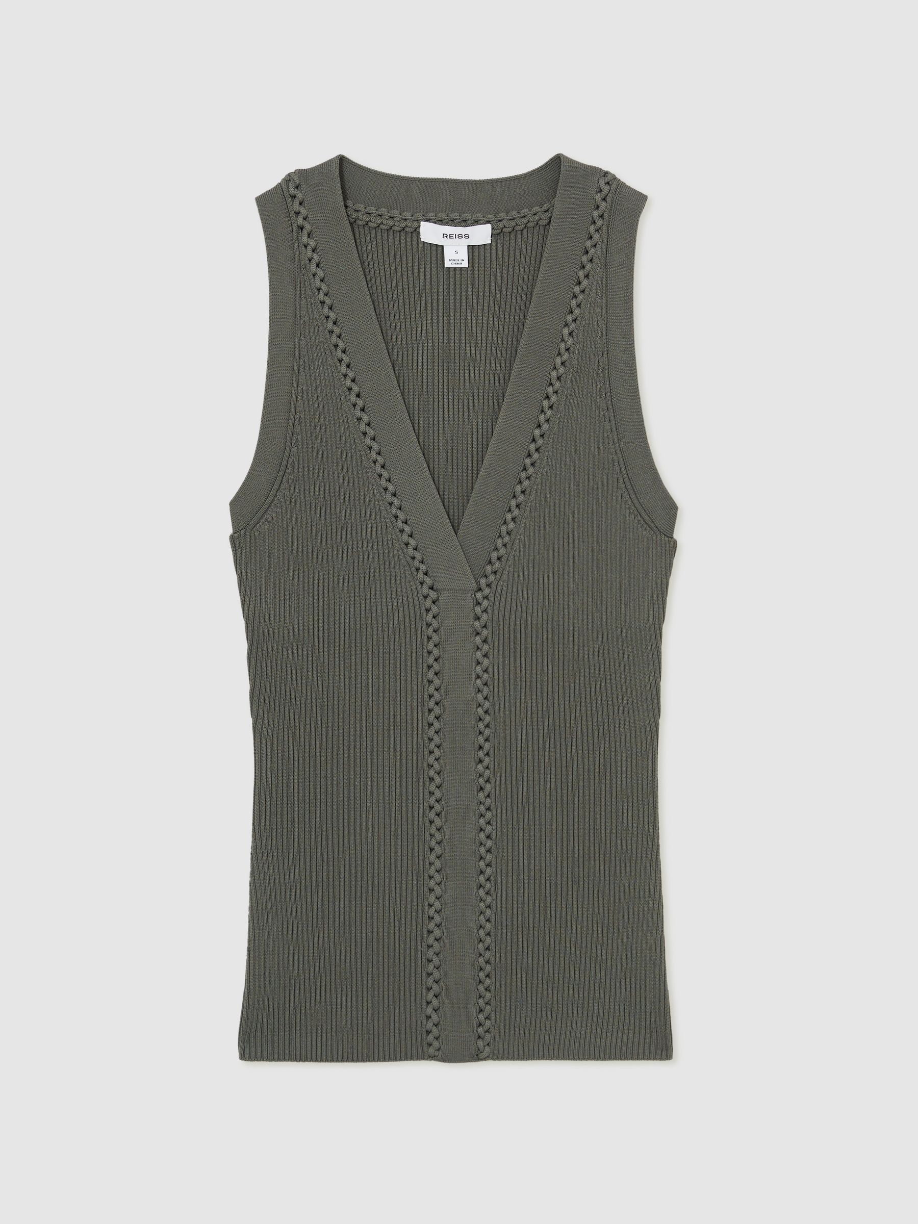 Craft-Stitch Rib-Knit Vest in Khaki Green | Reiss UK