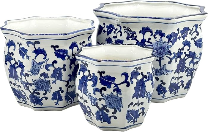 Galt International Blue & White Round Fluted Floral Porcelain Ceramic Plant Flower Planter Pot Se... | Amazon (US)