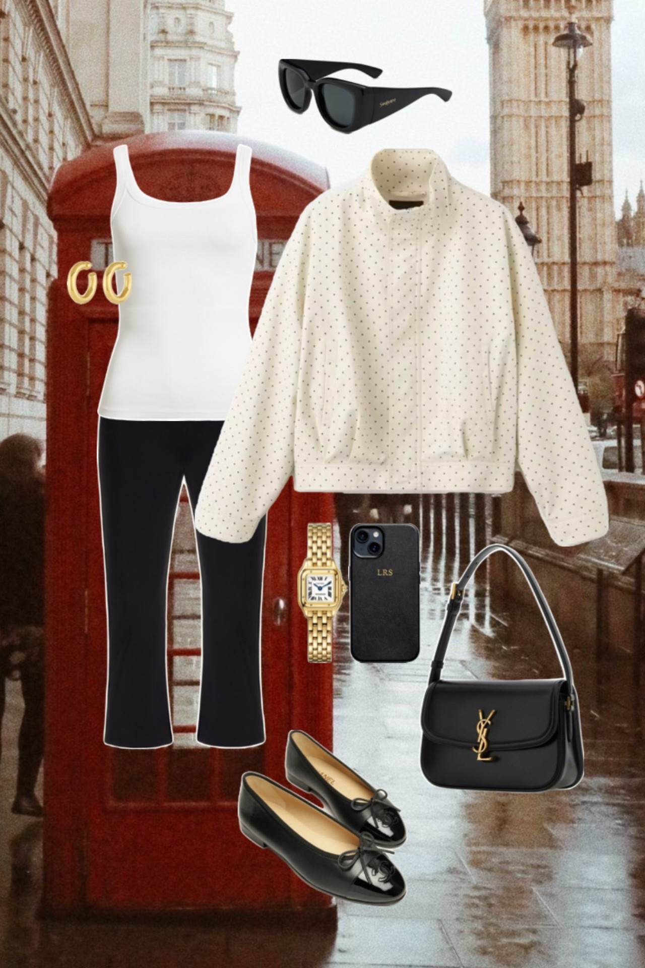 London summer outfit, London travel outfit, chic city look, ballet flats outfit, black shoulder bag, white tank top outfit, cropped jacket, effortless travel style, European summer outfit, capsule wardrobe staples, neutral outfit inspo, city walk outfit, designer-inspired accessories, classic black and white look, everyday luxe style, London street style outfit, summer in London outfit ideas, polka dot rain jacket, polka dot bomber, spring outfit ideas 

#LTKSeasonal #LTKTravel