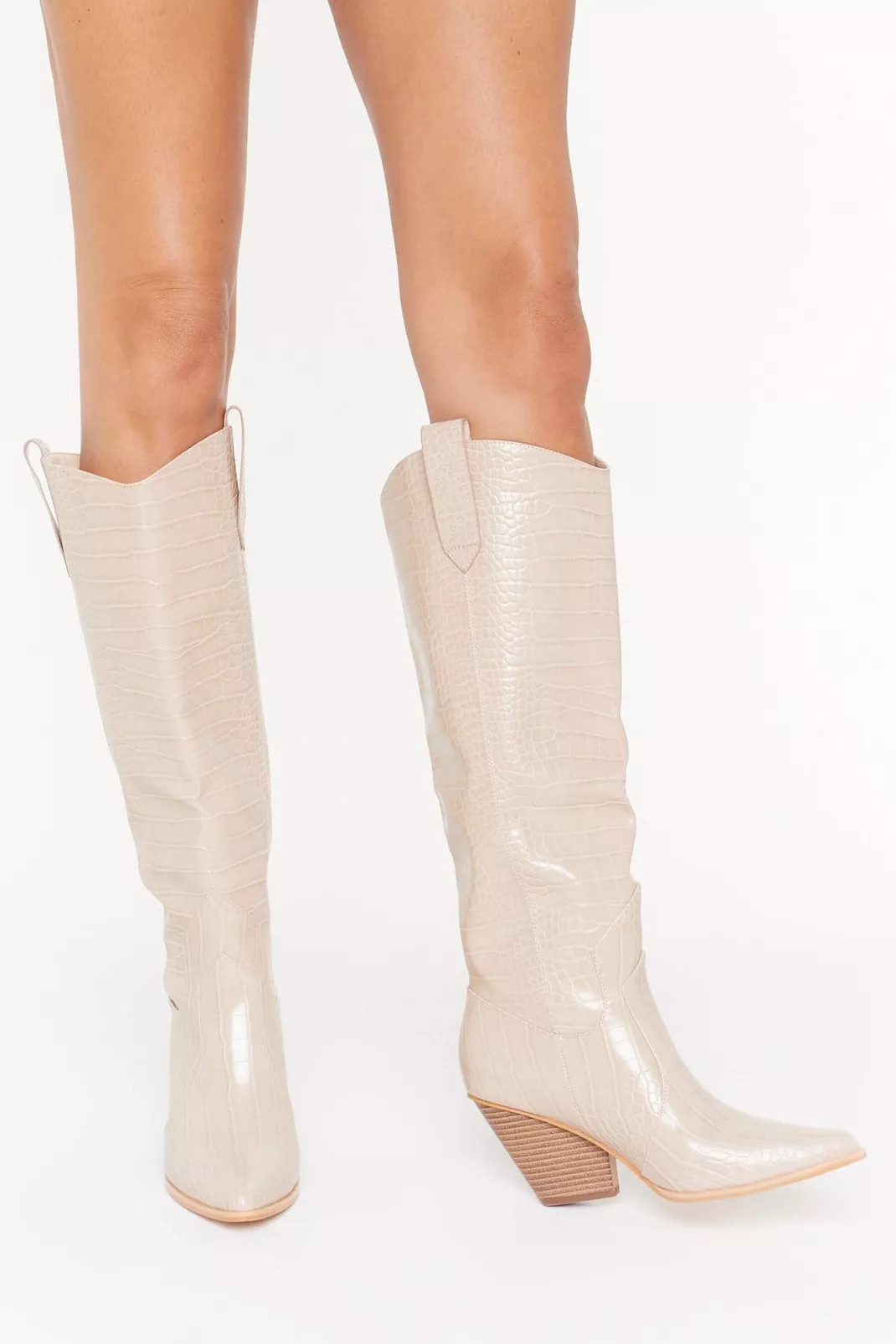 Knee High Faux Leather Croc Cowboy Boots | Nasty Gal (US)