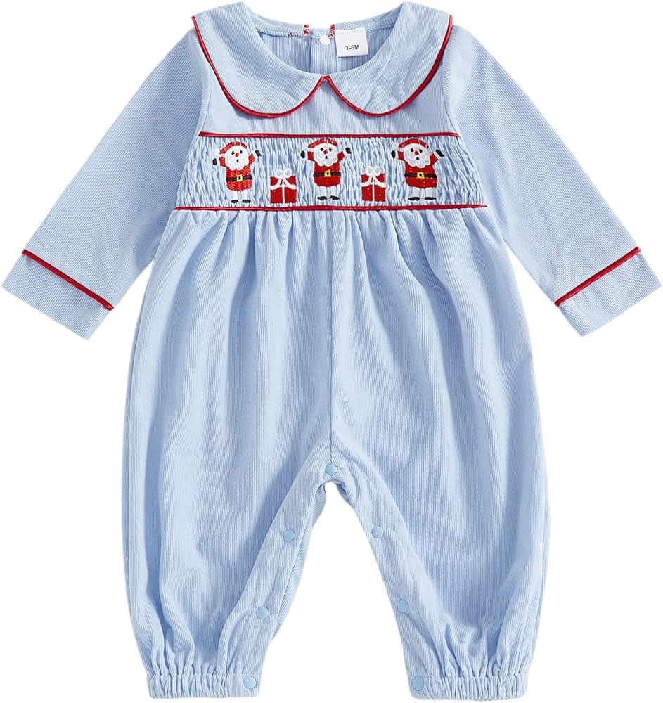 Newborn Baby Boy Girl Christmas Outfit Santa Smocked Romper Peter Pan Collar Long Sleeve Corduroy... | Amazon (US)