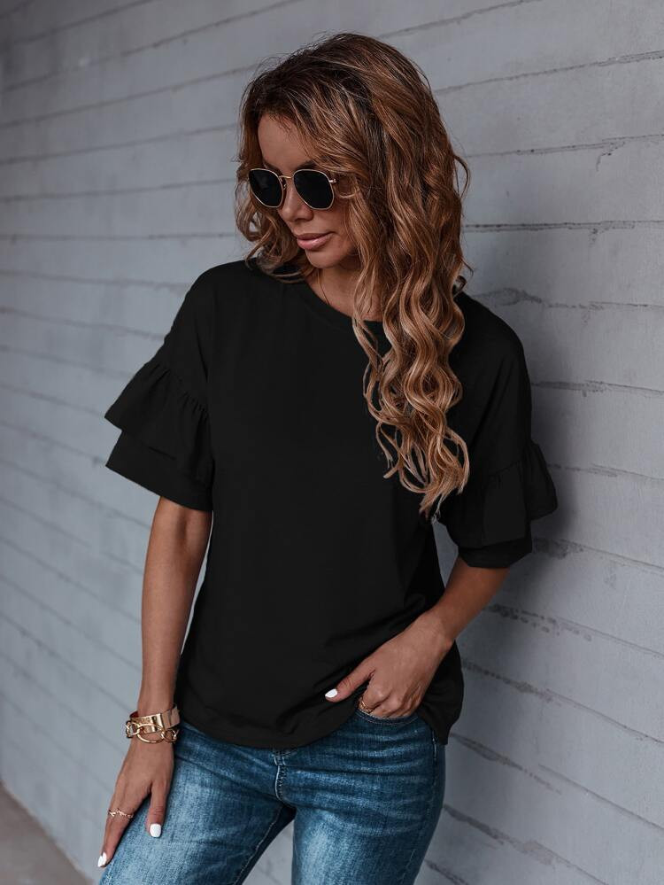 Flounce Sleeve Solid Tee | SHEIN