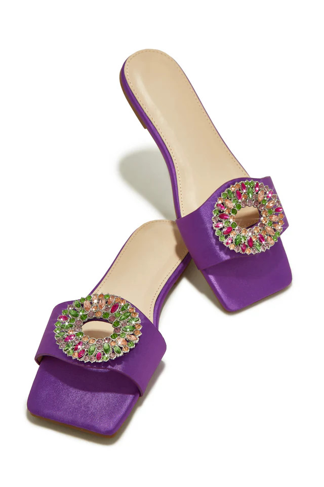 Miss Lola | Dolce Summer Purple Embellished Slip On Sandals | MISS LOLA