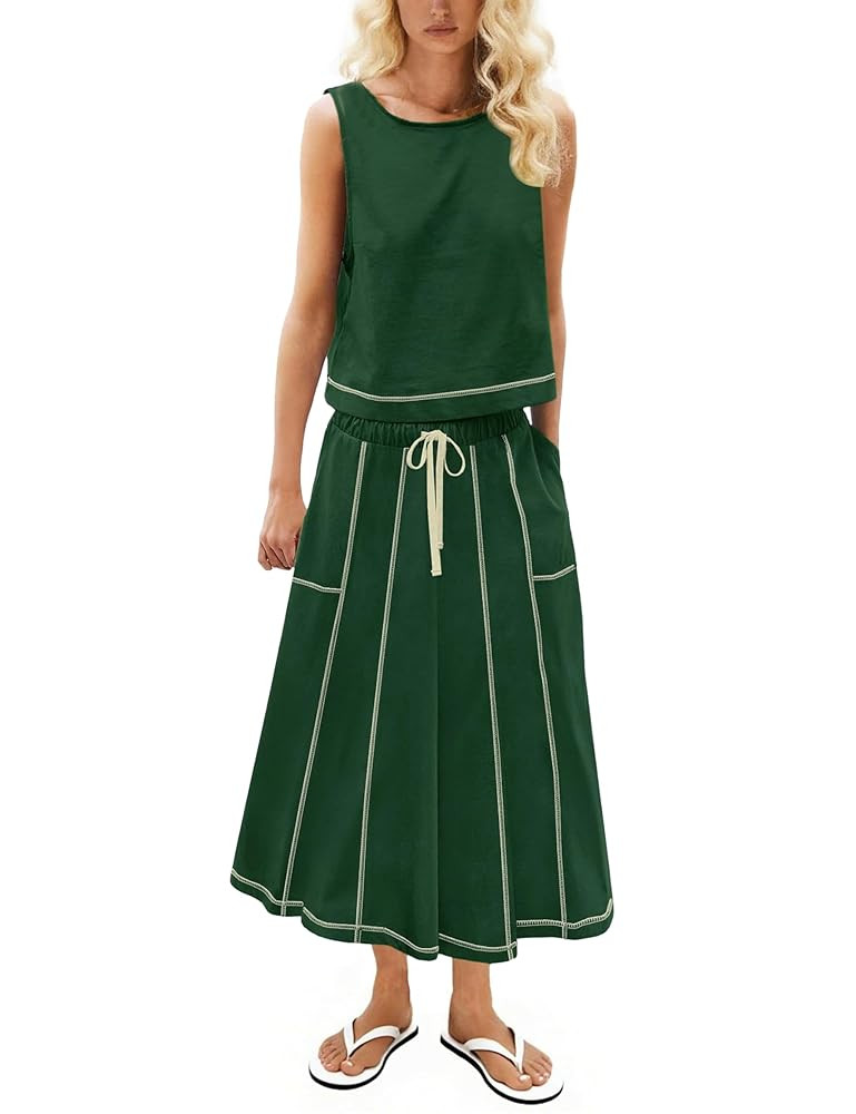 Women’s 2 Piece Cotton Skirt Set Sleeveless Draped Tank Top Drawstring Midi Skirt Y2K Lounge Ou... | Amazon (US)
