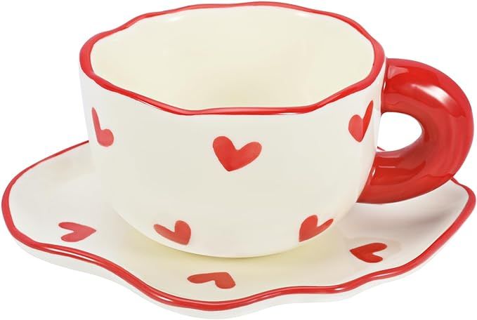 Koythin Ceramic Coffee Mug Saucer Set, Cute Creative Cup with Heart Pattern Saucer Design for Off... | Amazon (US)