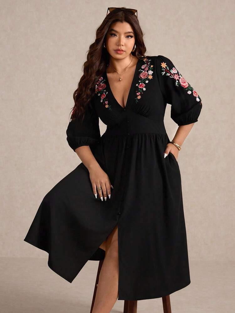 Elaquor New Autumn Plus Size Elegant Casual Vacation Embroidered V-Neck Midi Dress For Women,Fall Clothes For Women | SHEIN