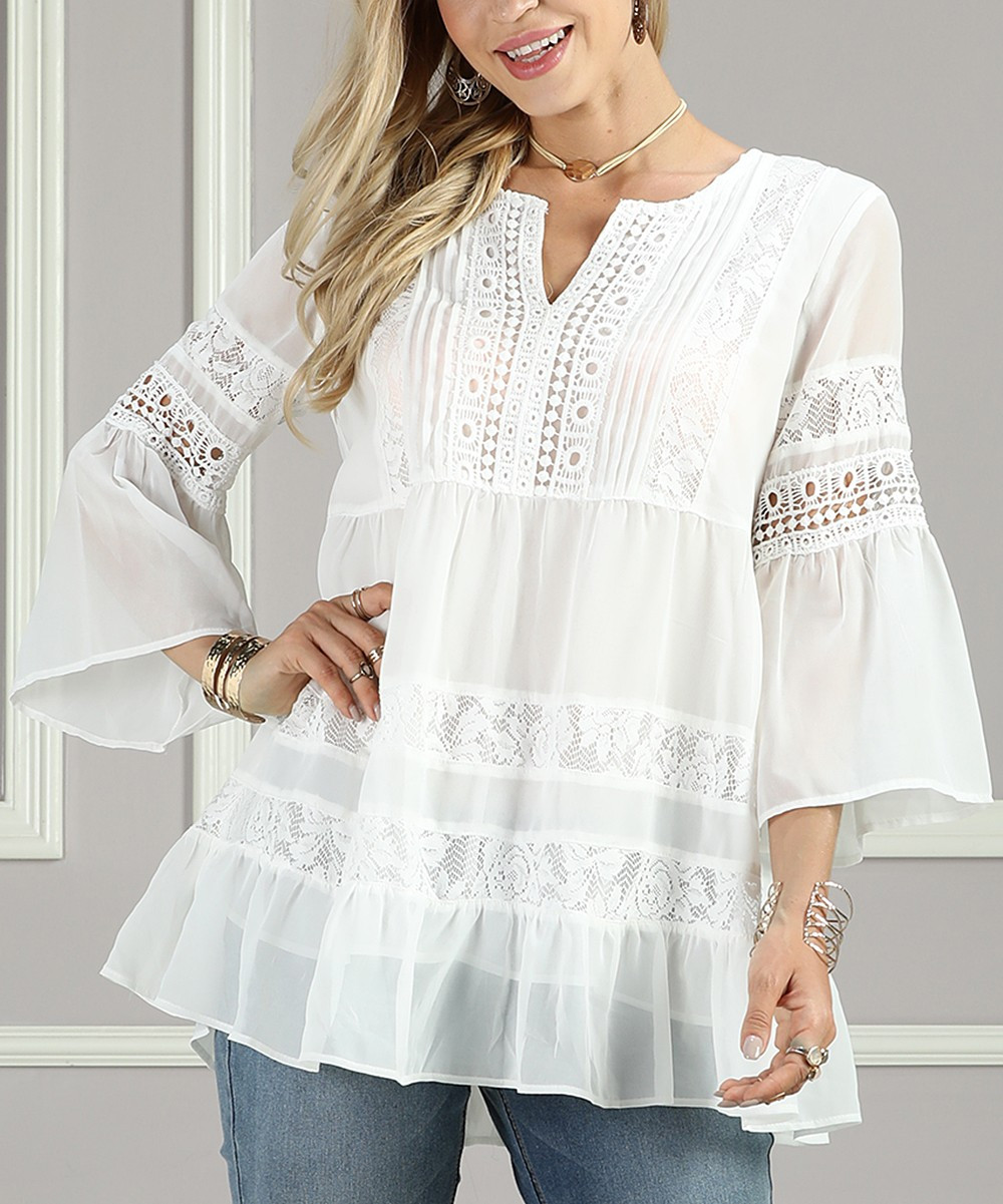 White Lace Pin Tuck Three-Quarter Sleeve Tunic - Plus | Zulily