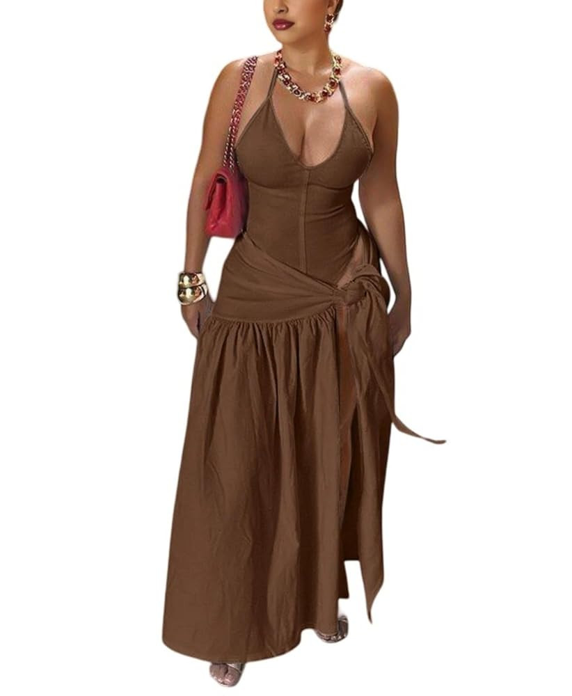 Two Piece Skirt Set Women Sexy Halter Backless Bodysuit and Wrap Tied High Split Summer Maxi Skir... | Amazon (US)