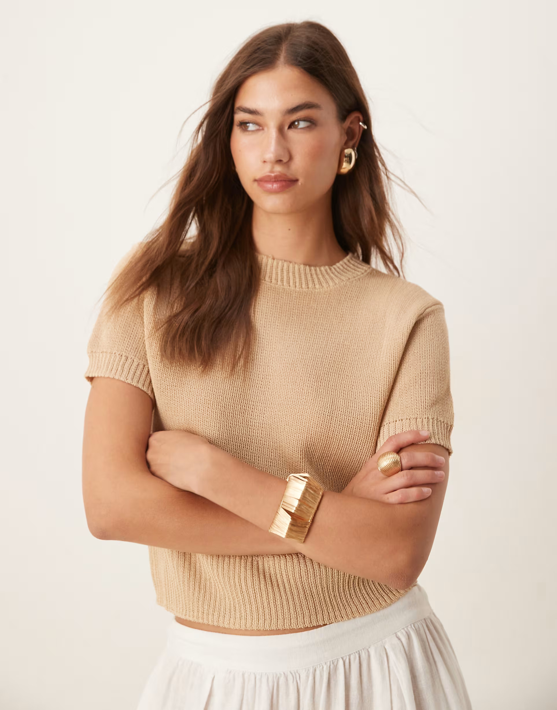 Mango short sleeve knitted top in beige | ASOS (Global)