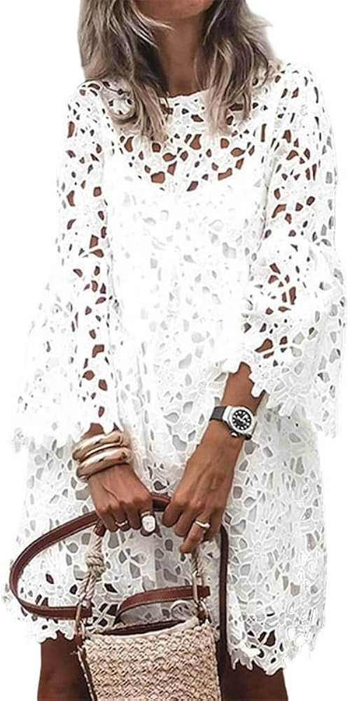 Vafect Women's Elegant Floral Lace Mini Dress Casual Crew Neck 3/4 Bell Sleeve Hollow Out Summer ... | Amazon (US)